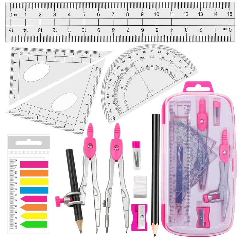 Akuoly Maths Compasses Full Starter Geometry Kit with 2 Drafting Compasses Protractor 2 Set Squares Ruler Pencil and More for Students Maths Study Homework etc. Pink - Image 1